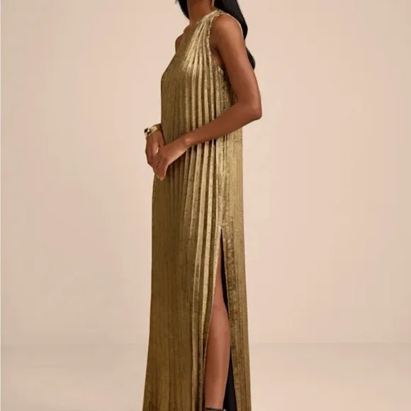 Lulus Averette Bronze Metallic Pleated One-shoulder Maxi Dress Gold Size L - Picture 4 of 10